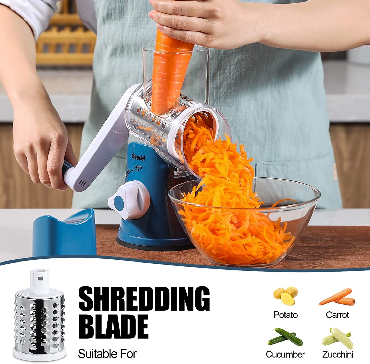 Rotary Cheese Grater and Mandoline Vegetable Slicer with Three Interchangeable Blades, Effortless Cleaning for Fruits, Vegetables, and Nuts