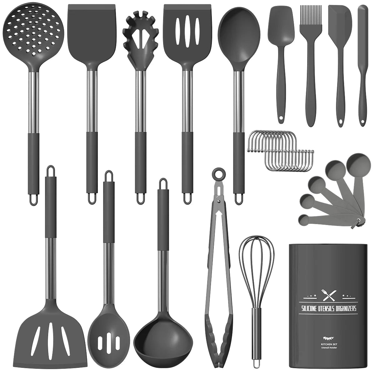 Silicone Cooking Utensil Set, 30 Pcs Kitchen Utensils Cooking Utensils Set, Food Grade Silicone Spatula Set, Non-Stick Heat Resistant Silicone Cookware with Strong Stainless Steel Handle, Gray