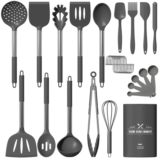 Silicone Cooking Utensil Set, 30 Pcs Kitchen Utensils Cooking Utensils Set, Food Grade Silicone Spatula Set, Non-Stick Heat Resistant Silicone Cookware with Strong Stainless Steel Handle, Gray