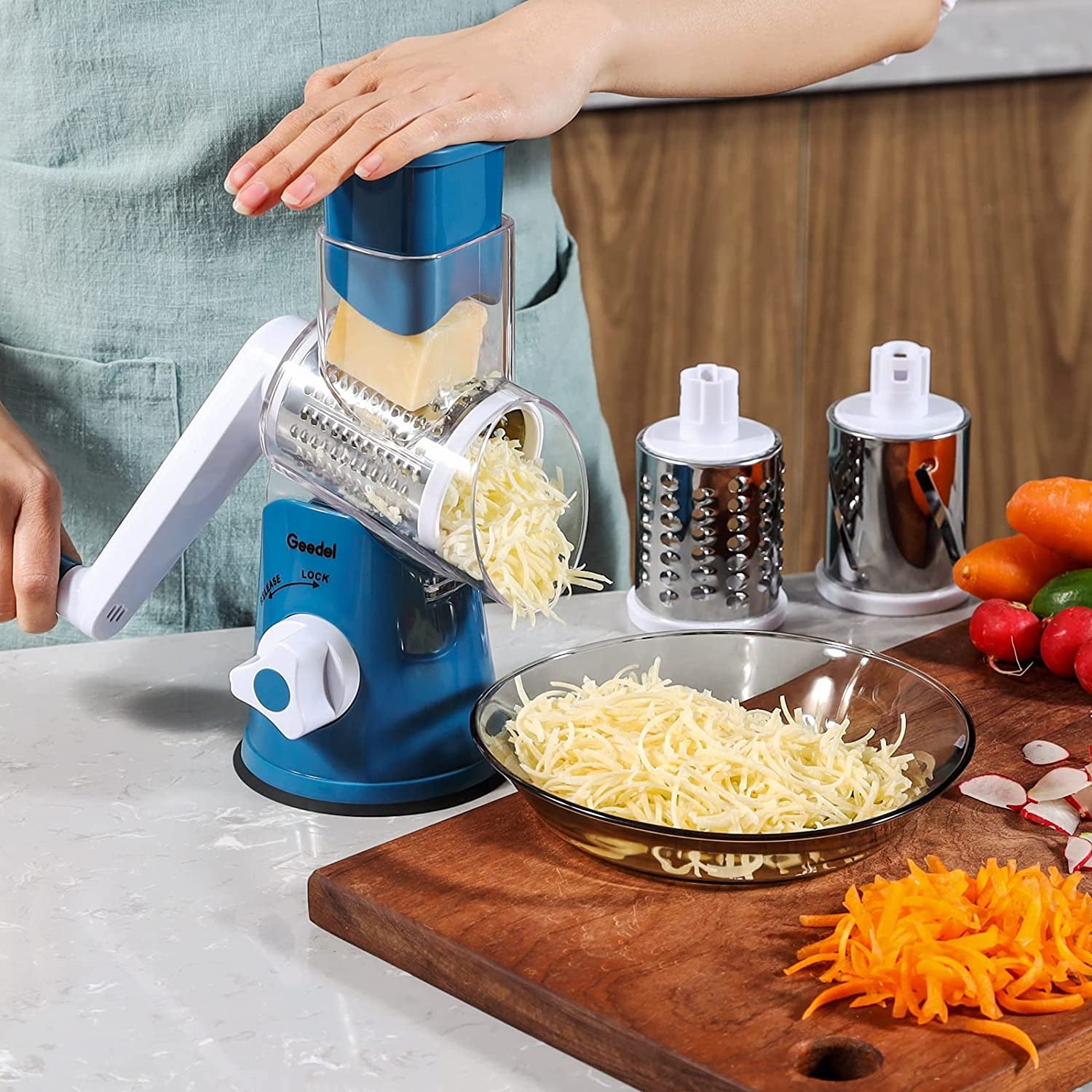 Rotary Cheese Grater and Mandoline Vegetable Slicer with Three Interchangeable Blades, Effortless Cleaning for Fruits, Vegetables, and Nuts