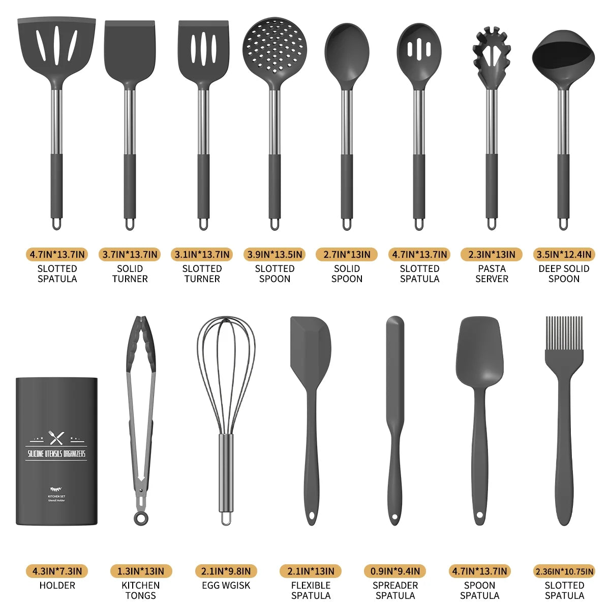 Silicone Cooking Utensil Set, 30 Pcs Kitchen Utensils Cooking Utensils Set, Food Grade Silicone Spatula Set, Non-Stick Heat Resistant Silicone Cookware with Strong Stainless Steel Handle, Gray