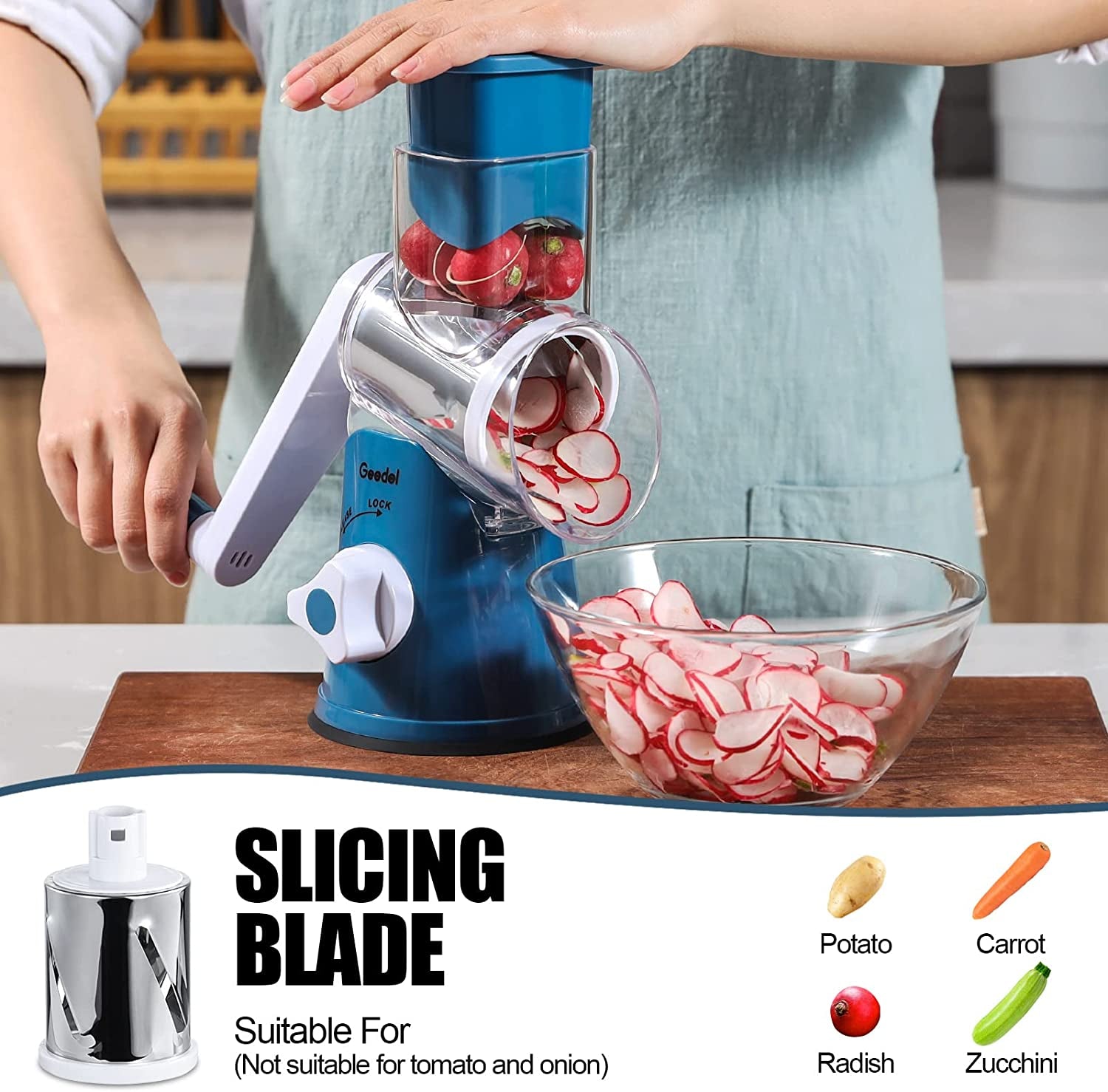 Rotary Cheese Grater and Mandoline Vegetable Slicer with Three Interchangeable Blades, Effortless Cleaning for Fruits, Vegetables, and Nuts