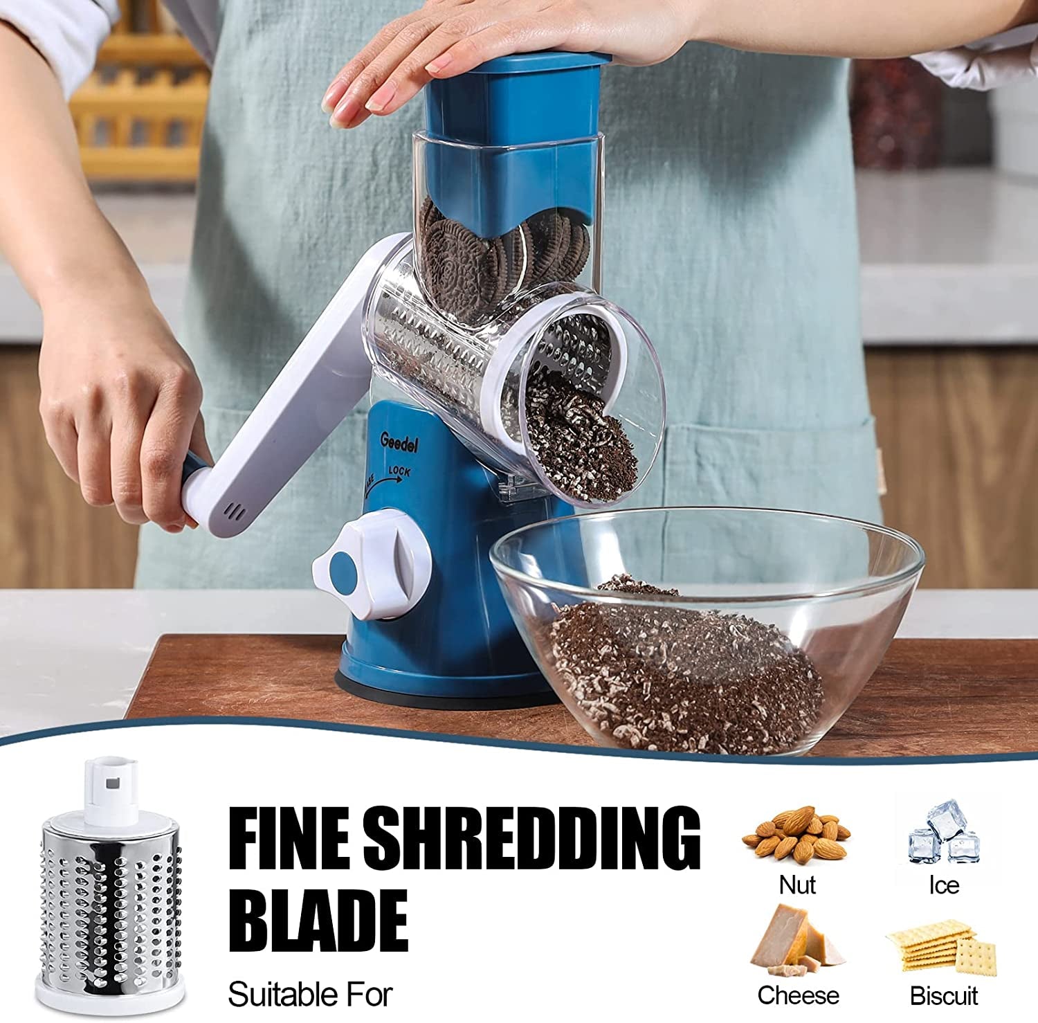 Rotary Cheese Grater and Mandoline Vegetable Slicer with Three Interchangeable Blades, Effortless Cleaning for Fruits, Vegetables, and Nuts