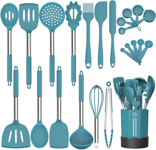 Silicone Cooking Utensil Set,  Non-Stick Kitchen 24 Pcs Cookware, Heat Resistant , Silicone Kitchen Tools Gift with Stainless Steel Handle (Blue-24Pcs）